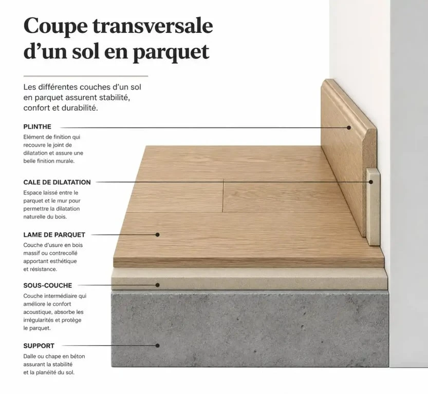 Schéma technique de la pose d'un parquet flottant avec sous-couche et jeu de dilatation