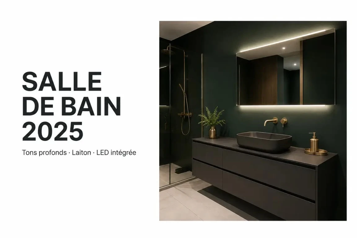 Salle de bain tendance 2025 aux tons sombres avec laiton, grand miroir et éclairage LED