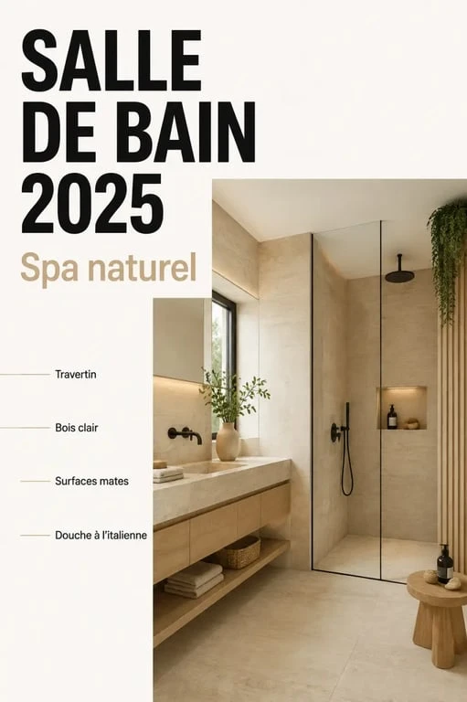 Salle de bain tendance 2025 ambiance spa naturel avec travertin, bois clair et douche à l’italienne