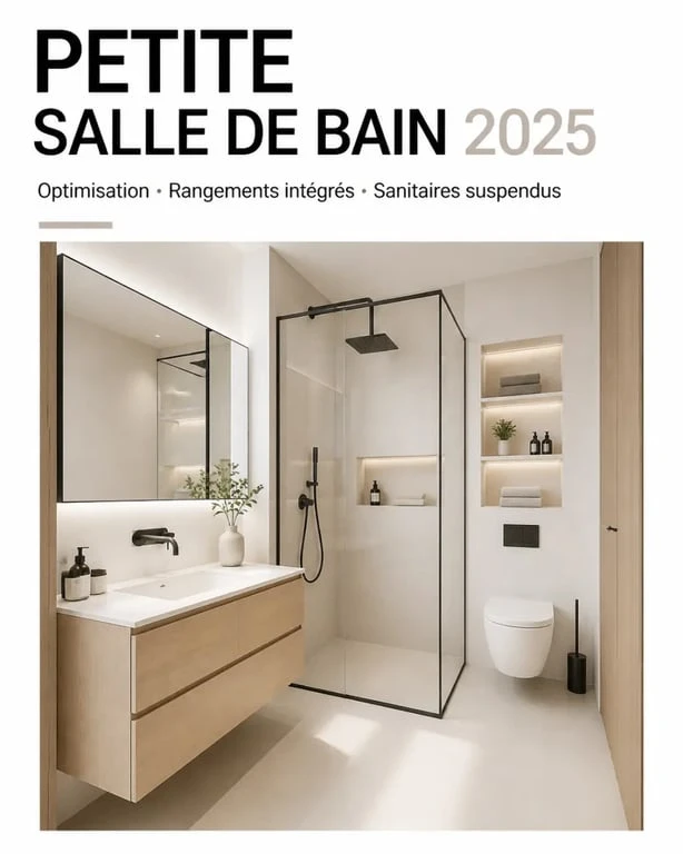 Salle de bain tendance 2025 pour petite surface avec meuble suspendu et paroi de douche en verre