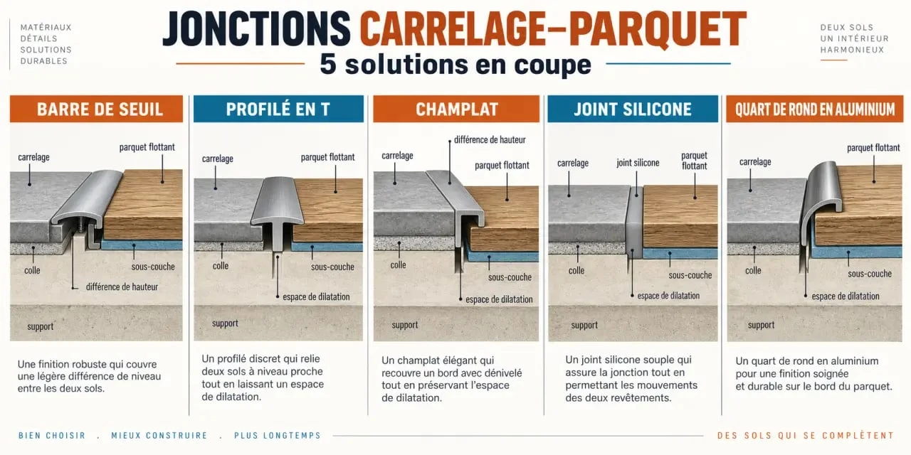 Infographie comparative des solutions de jonction carrelage et parquet