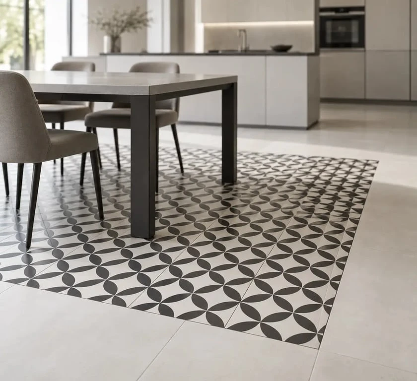 Mosaïque sol cuisine motif géométrique noir et blanc