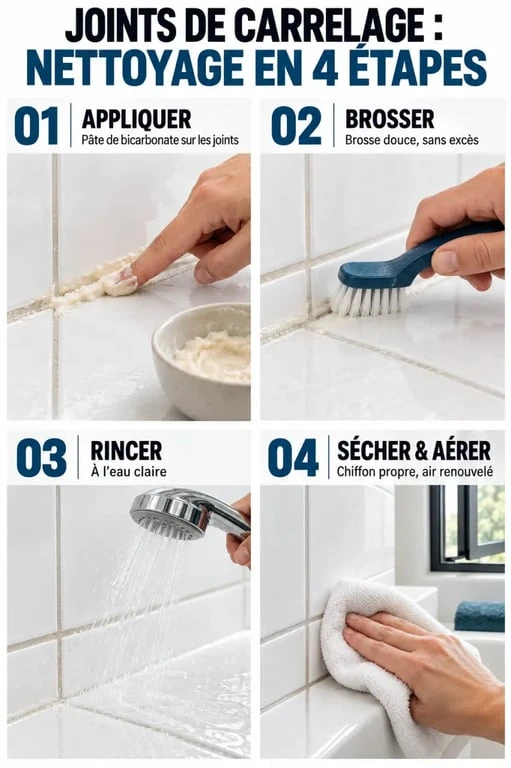 Comment nettoyer les joints de carrelage en quatre étapes avec bicarbonate, brossage, rinçage et séchage
