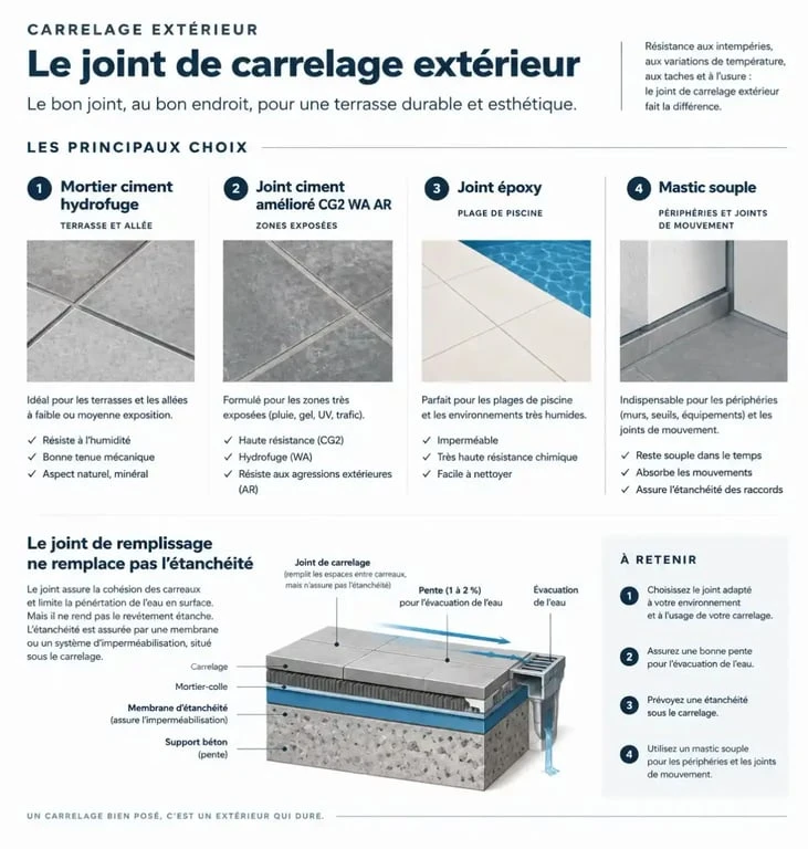 Infographie sur le joint de carrelage exterieur selon les usages et les zones