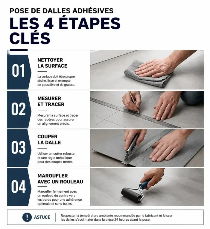 Guide visuel des étapes de pose d'un carrelage adhésif sol
