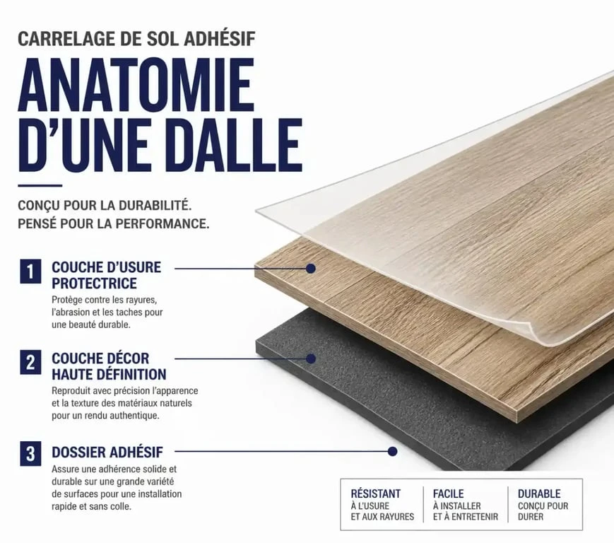 Schéma technique d'une structure de carrelage adhésif sol montrant ses différentes couches