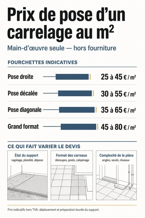 Prix pose carrelage m2 sans fourniture : fourchettes de prix et facteurs de variation du devis