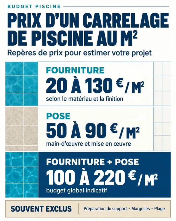 Infographie du prix d’un carrelage de piscine au m² avec fourniture, pose et travaux annexes