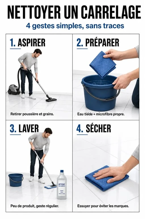 Nettoyer un carrelage : étapes pour aspirer, laver, rincer et sécher sans traces