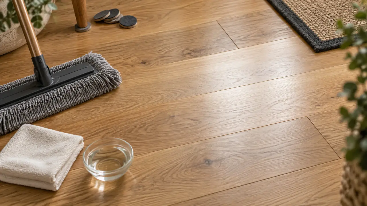 Entretenir un parquet vitrifié avec microfibre et nettoyant pH neutre