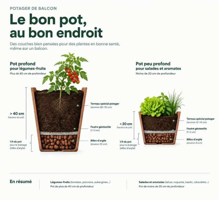 Schéma des couches de drainage et terreau pour aménager un potager urbain sur balcon