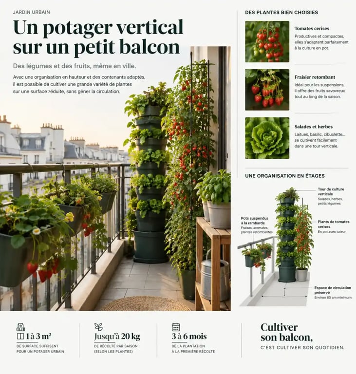 Potager urbain aménagé en hauteur sur un balcon avec pots suspendus et culture verticale