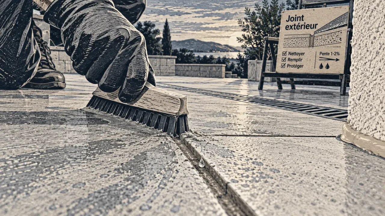 Joint de carrelage exterieur gris, résistant gel et eau, vue rapprochée