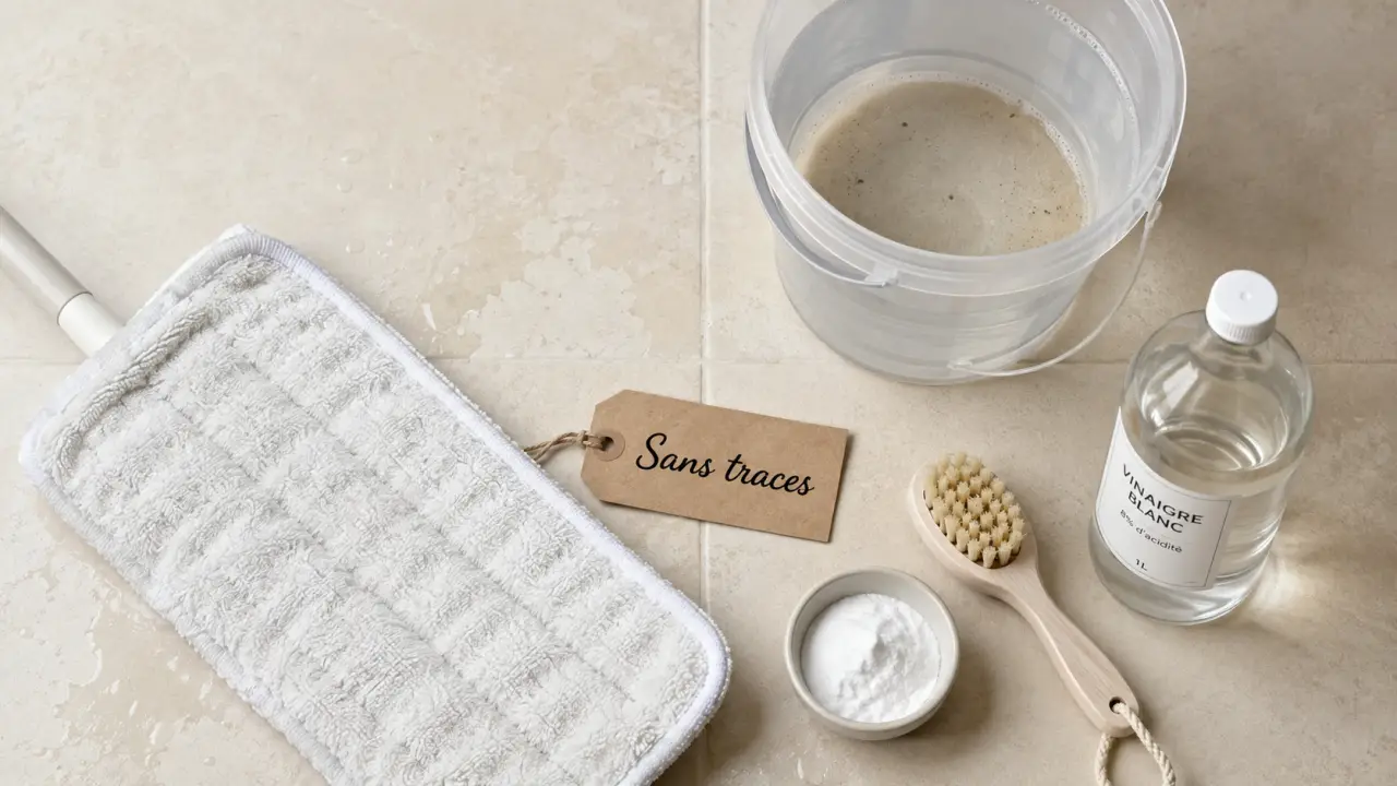 Nettoyer un carrelage sans traces avec microfibre, vinaigre et bicarbonate