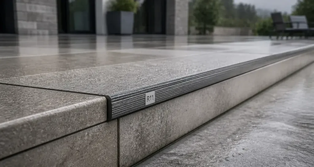 Nez de marche sur carrelage d&rsquo;escalier extérieur : l&rsquo;accessoire qui évite la chute