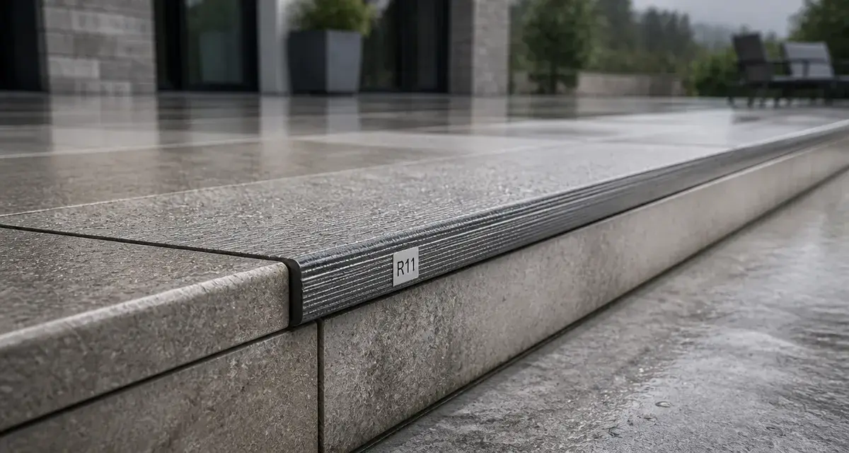 Nez de marche R11 antidérapant sur carrelage pour escalier extérieur