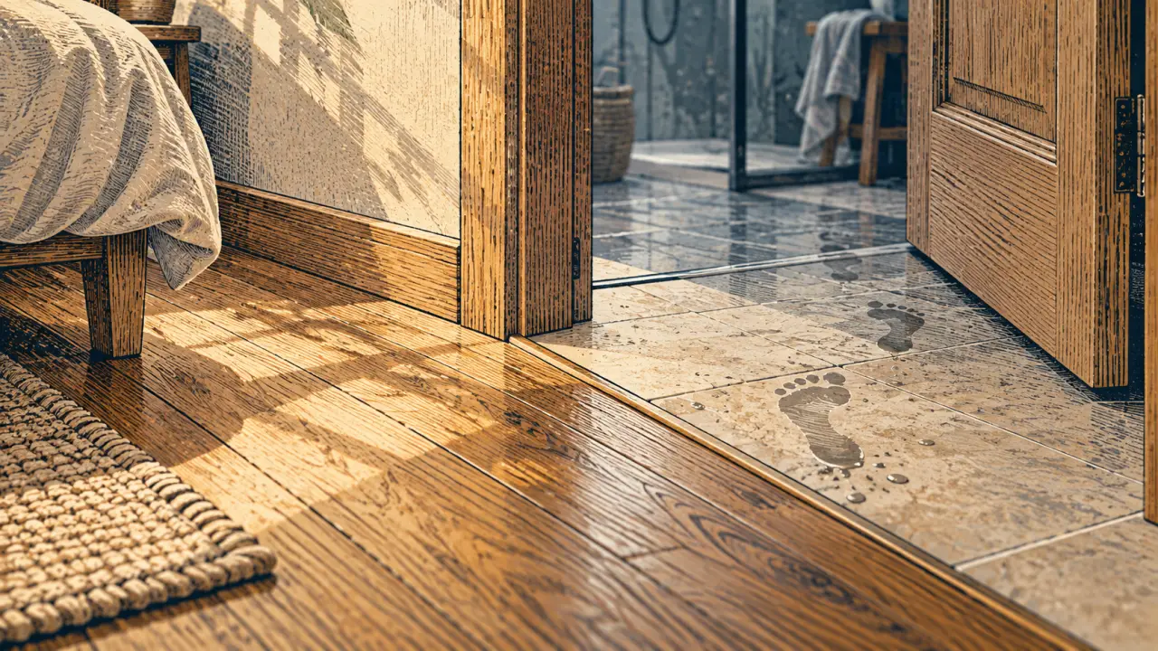 revetement sol chambre : parquet clair et grès cérame près de la porte