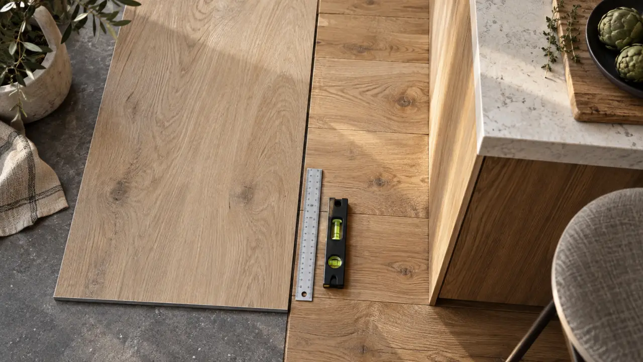 Cuisine carrelage parquet : jonction nette près de l’îlot, parquet et carrelage bois