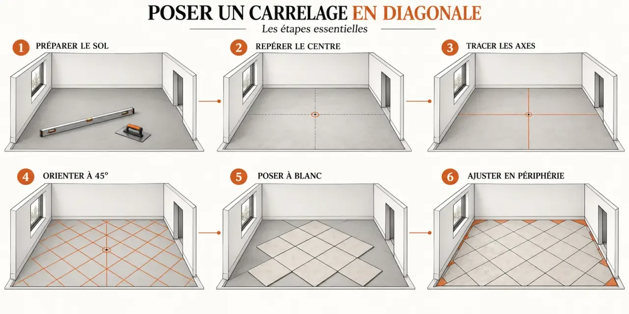 Illustration des étapes d'une pose en diagonale carrelage avec traçage à 45 degrés et coupes périphériques