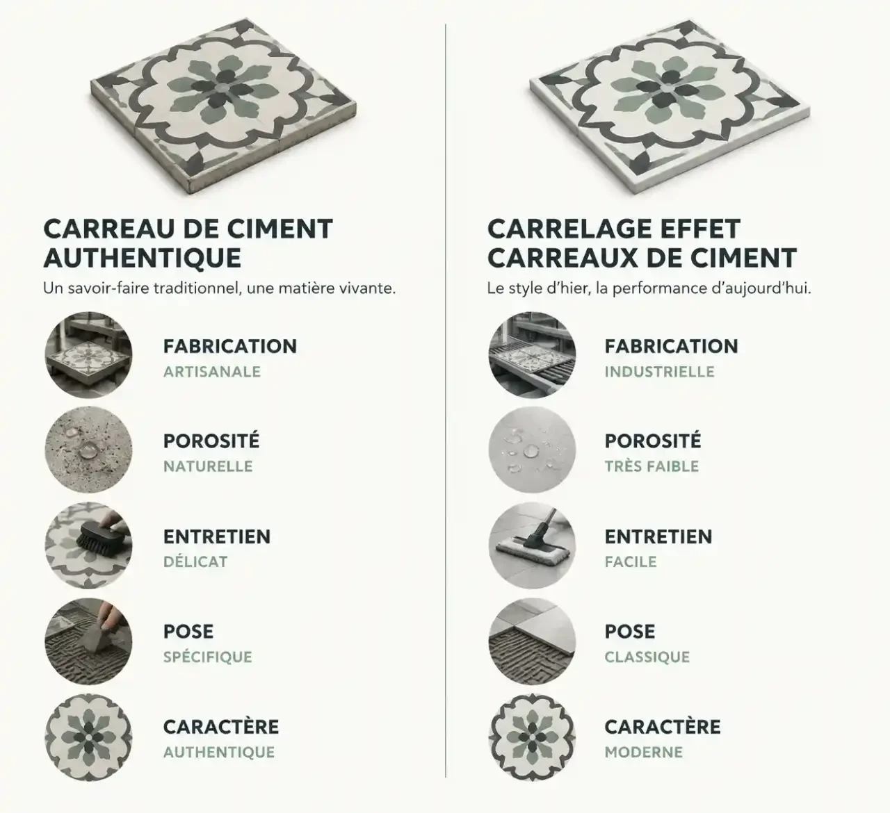 Comparatif visuel des carreaux ciment pour salle de bain : carreau authentique et carrelage effet carreaux de ciment