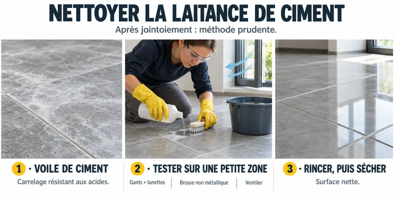 Nettoyant laitance carrelage : avant et après le nettoyage d'un voile de ciment