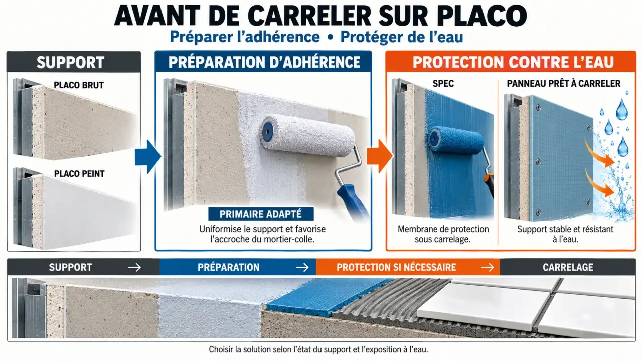 Faut-il peindre le placo avant de carreler : comparaison entre placo brut, primaire, SPEC et panneau prêt à carreler