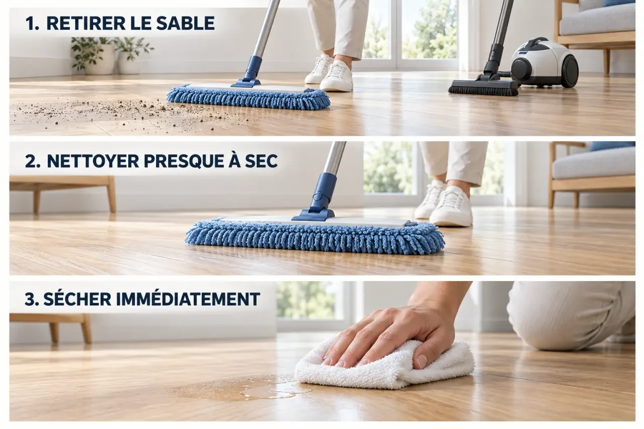 Illustration des bons gestes pour l’entretien parquets vitrifiés, du dépoussiérage au lavage à peine humide