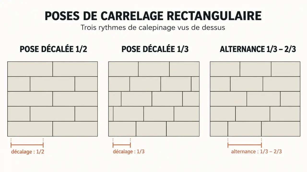 Schéma de pose décalée carrelage en quinconce 1/2, 1/3 et 2/3