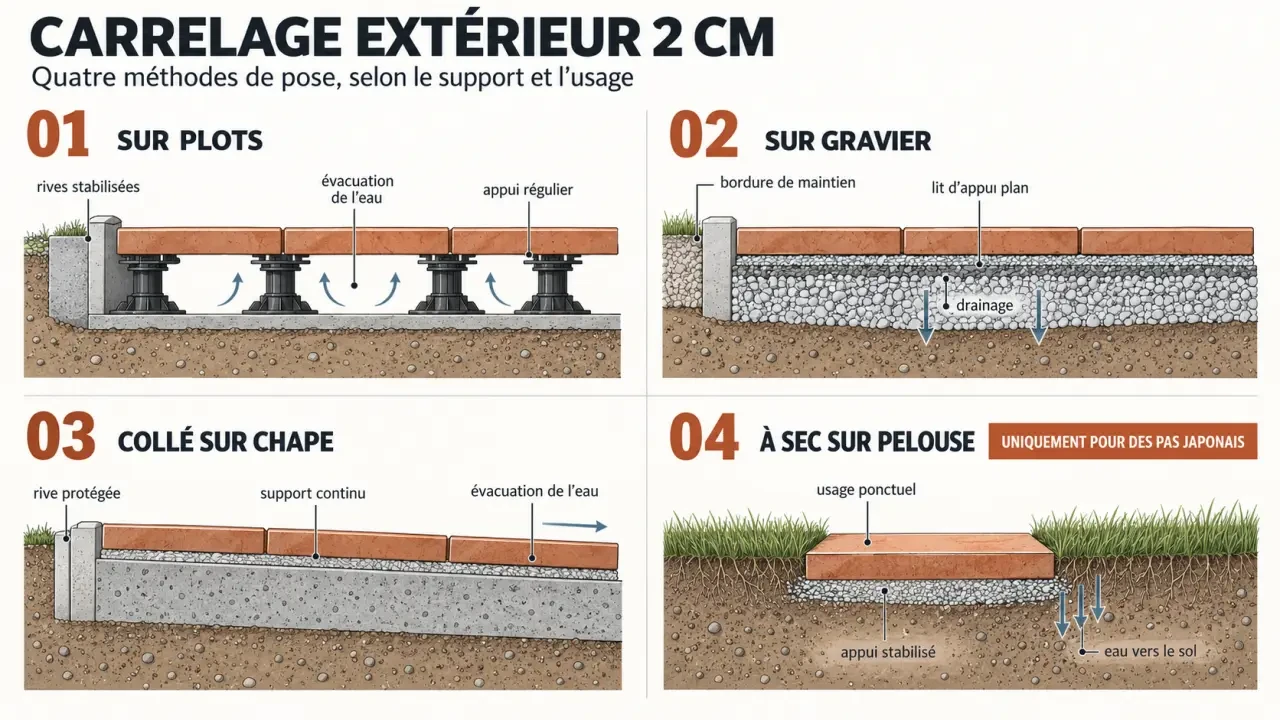 Infographie des méthodes de pose du carrelage extérieur 2 cm sur plots, gravier, chape ou pelouse