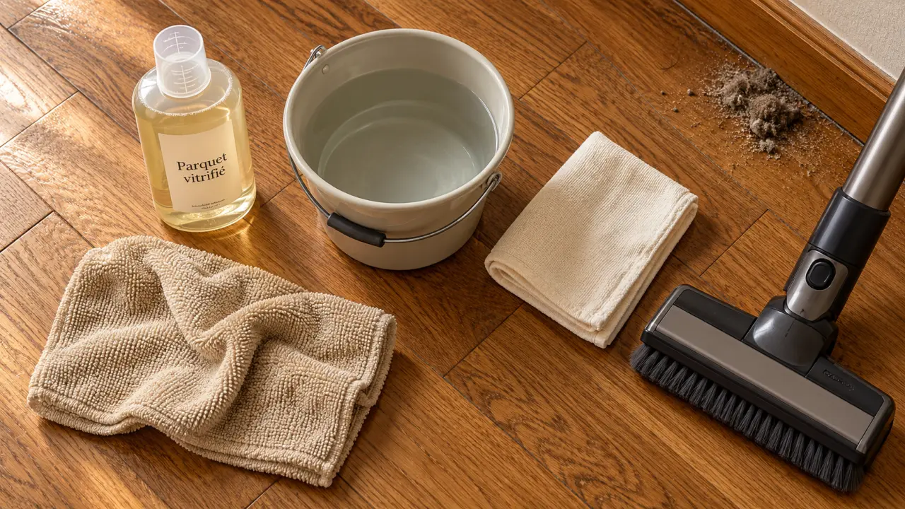 Entretien parquets vitrifiés : microfibre et eau pour nettoyer sans ternir