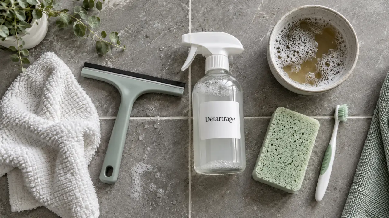 Nettoyage carrelage salle de bain : détartrage des joints et carrelage gris
