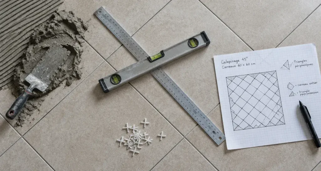 Poser du carrelage en diagonale : réussir le calepinage à 45° et les coupes périphériques