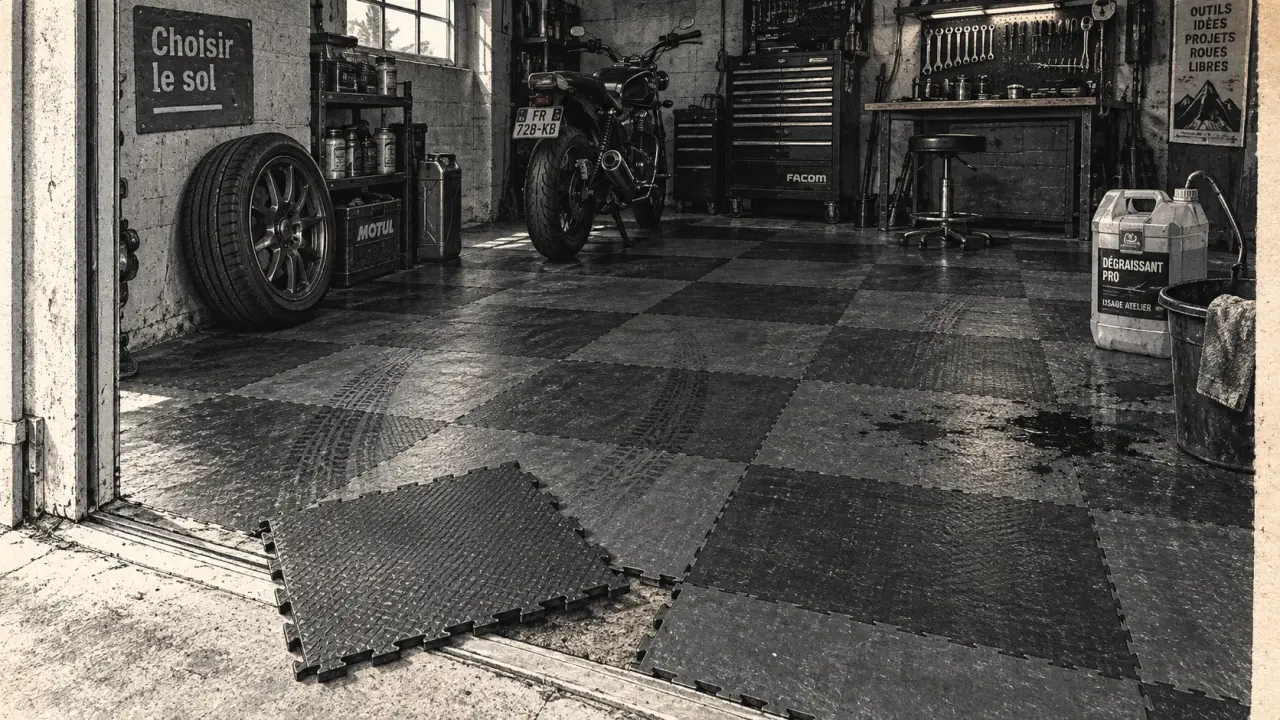 Revêtement sol de garage : dalles PVC clipsables anthracite dans un garage