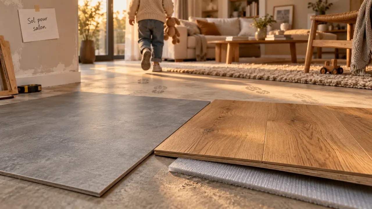 Sol pour salon : échantillons vinyle et parquet en rénovation