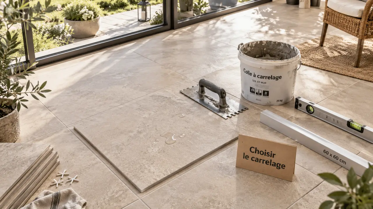 Veranda carrelage : grès cérame beige et joints de carrelage